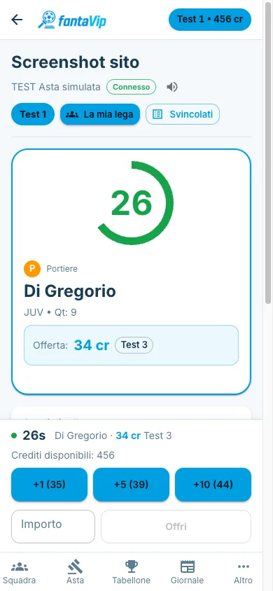 Asta live con timer, offerta corrente e pulsanti di rilancio