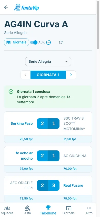 Tabellone della lega con risultati e classifica